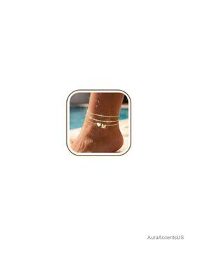Gold Plated Dainty Heart Initial Layered Anklet Set